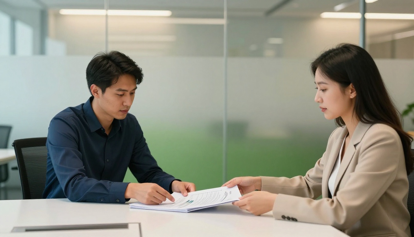 Business professionals exchanging a printed analytics report at a conference table