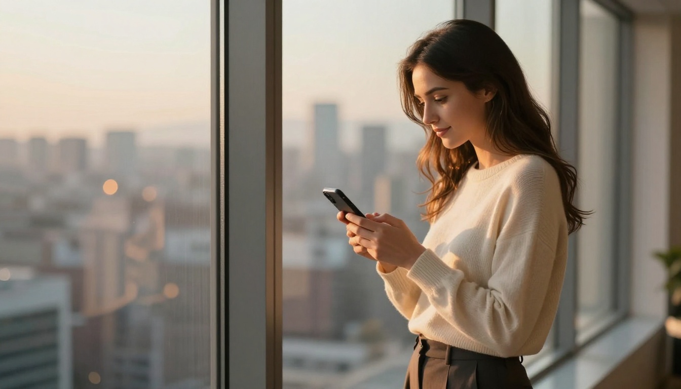 Woman holding phone by floor-to-ceiling window with blurred city view