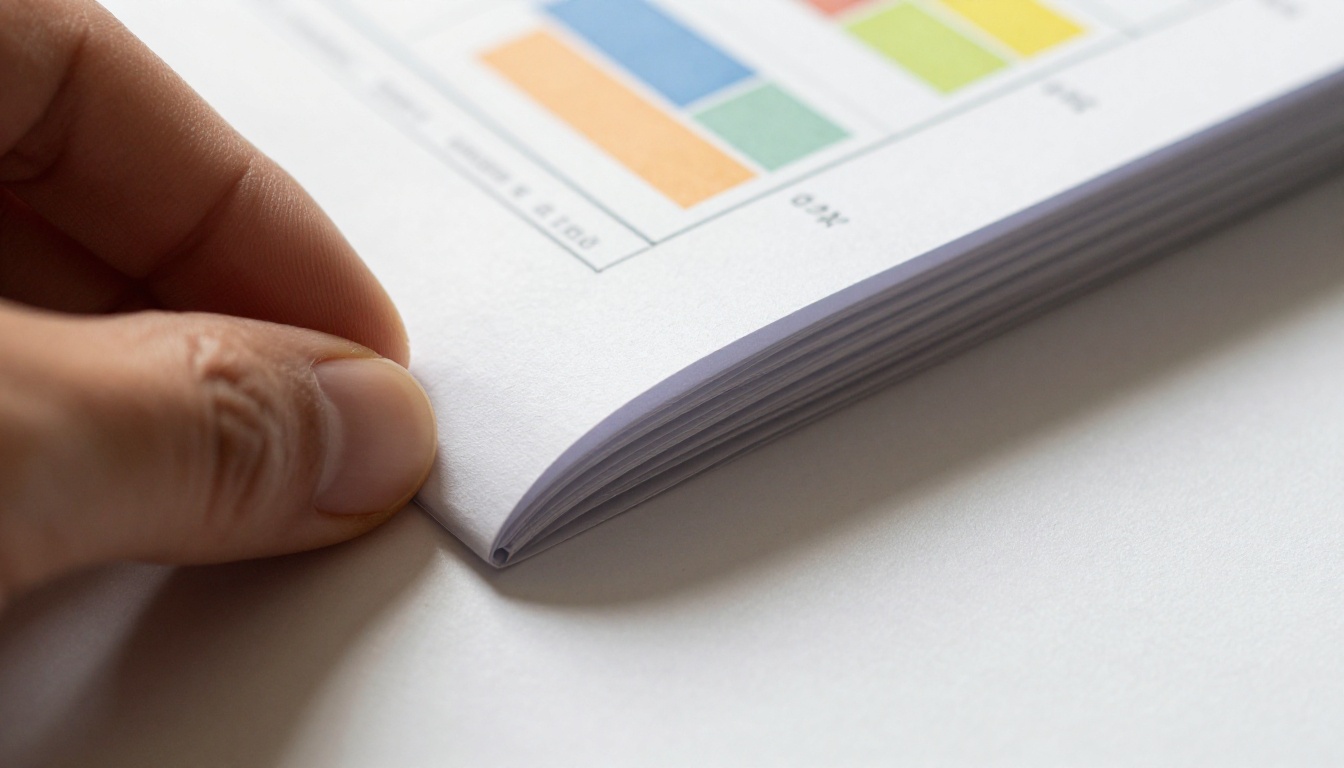 Close-up macro of printed report pages being flipped open by fingertips showing colorful charts Close-up macro of printed report pages being flipped open by fingertips showing colorful charts