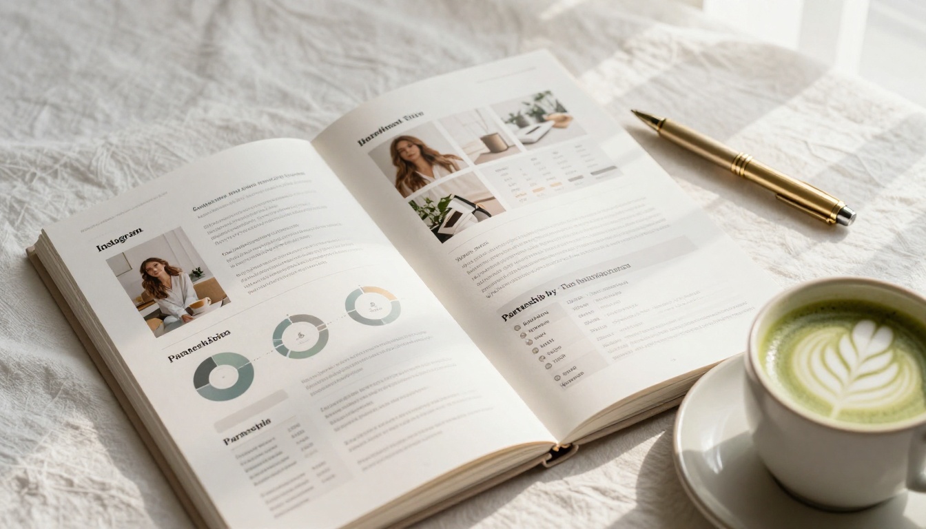 Open media kit pages with Instagram statistics and collaboration mood board