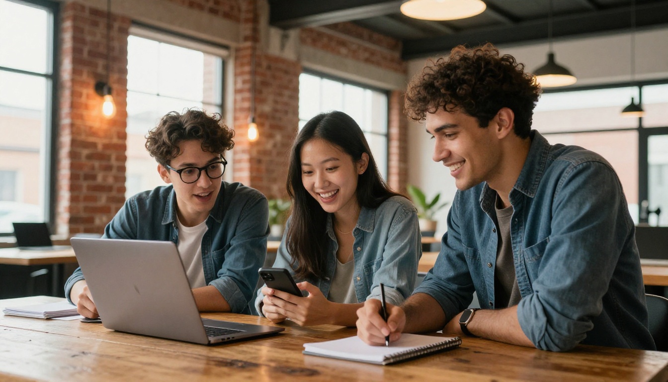 Three diverse professionals gathered around a laptop in a modern creative office Three diverse professionals gathered around a laptop in a modern creative office