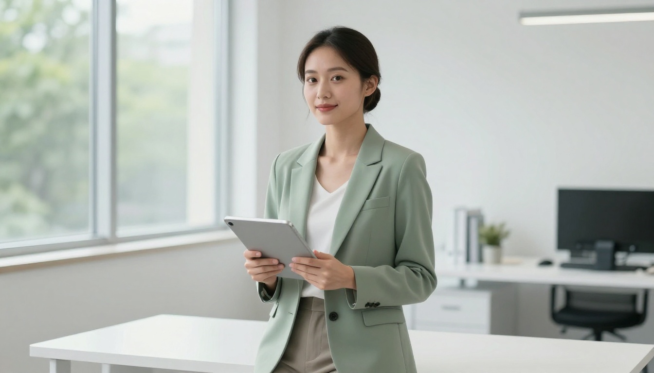 Professional woman presenting a tablet with data to camera in a bright modern office Professional woman presenting a tablet with data to camera in a bright modern office