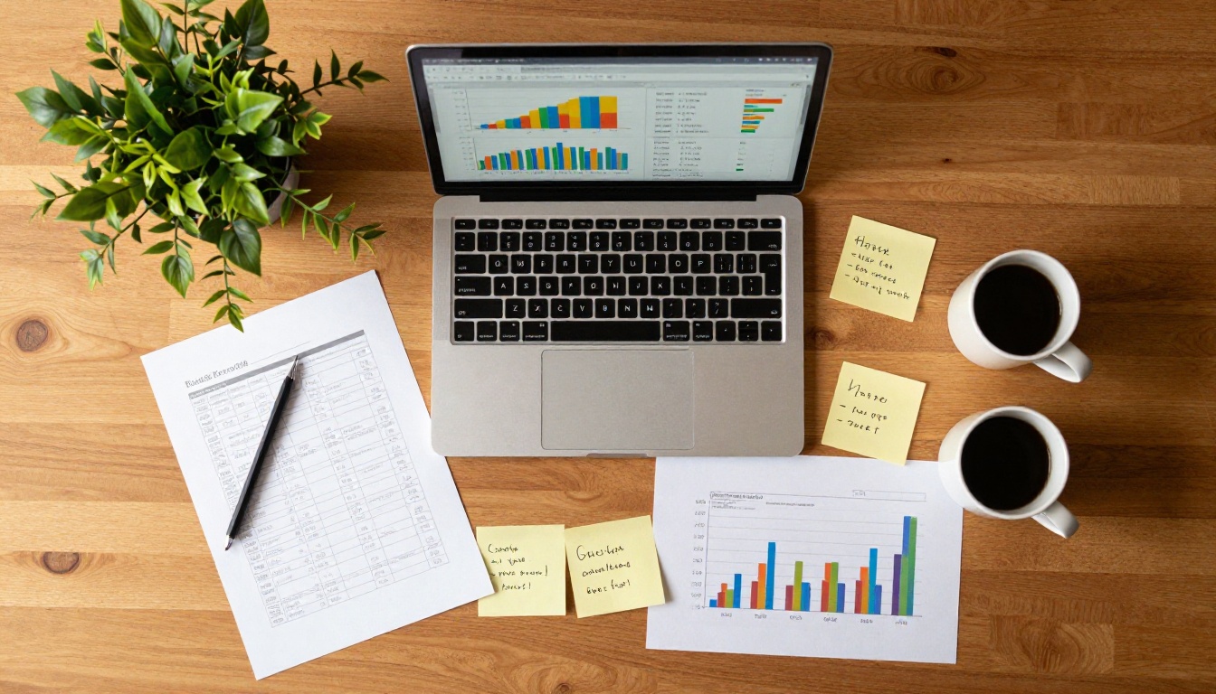 Aerial flat lay of open laptop with charts surrounded by printed documents and coffee on oak desk Aerial flat lay of open laptop with charts surrounded by printed documents and coffee on oak desk