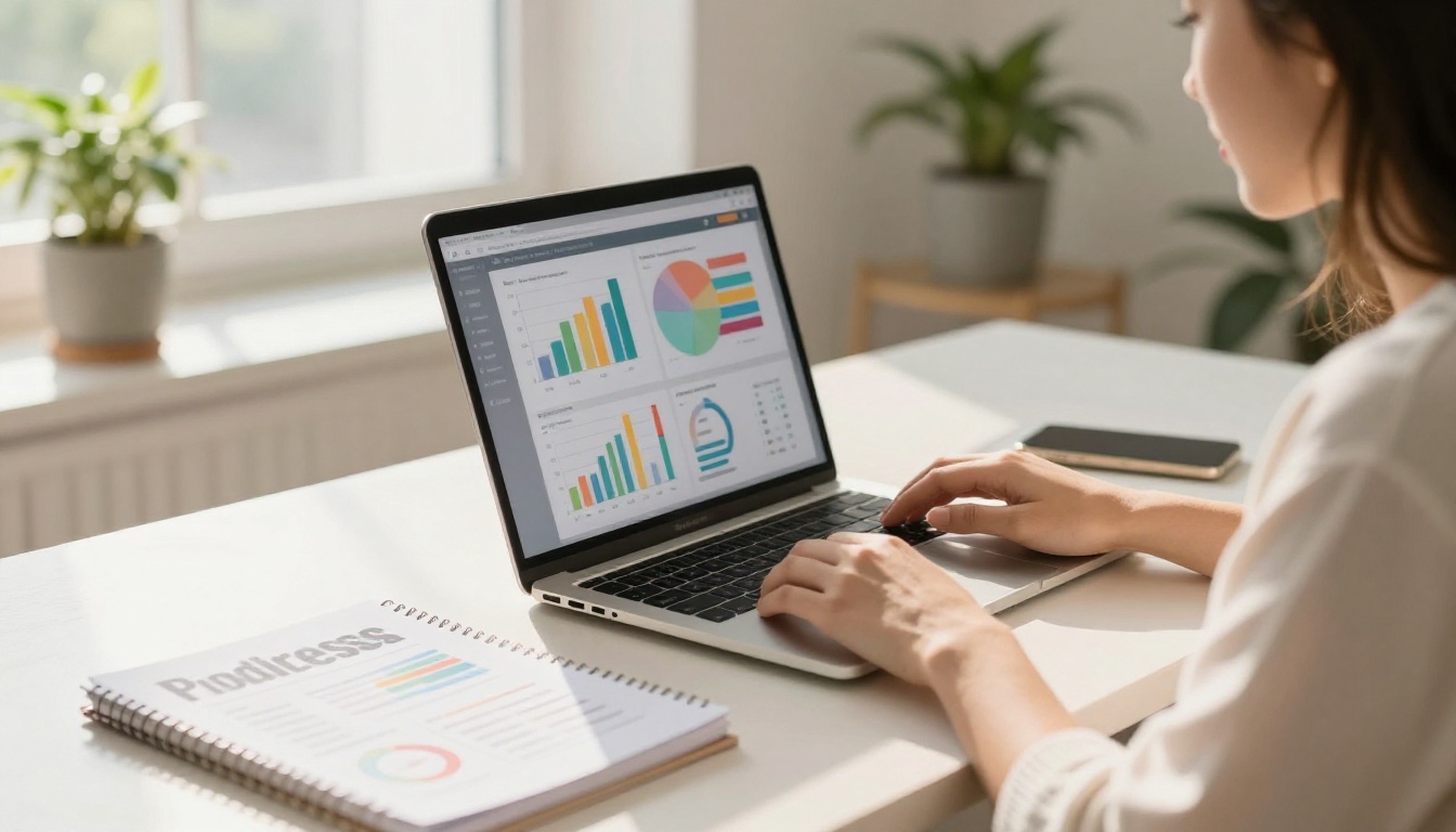 Content creator checking analytics with press kit binder on desk