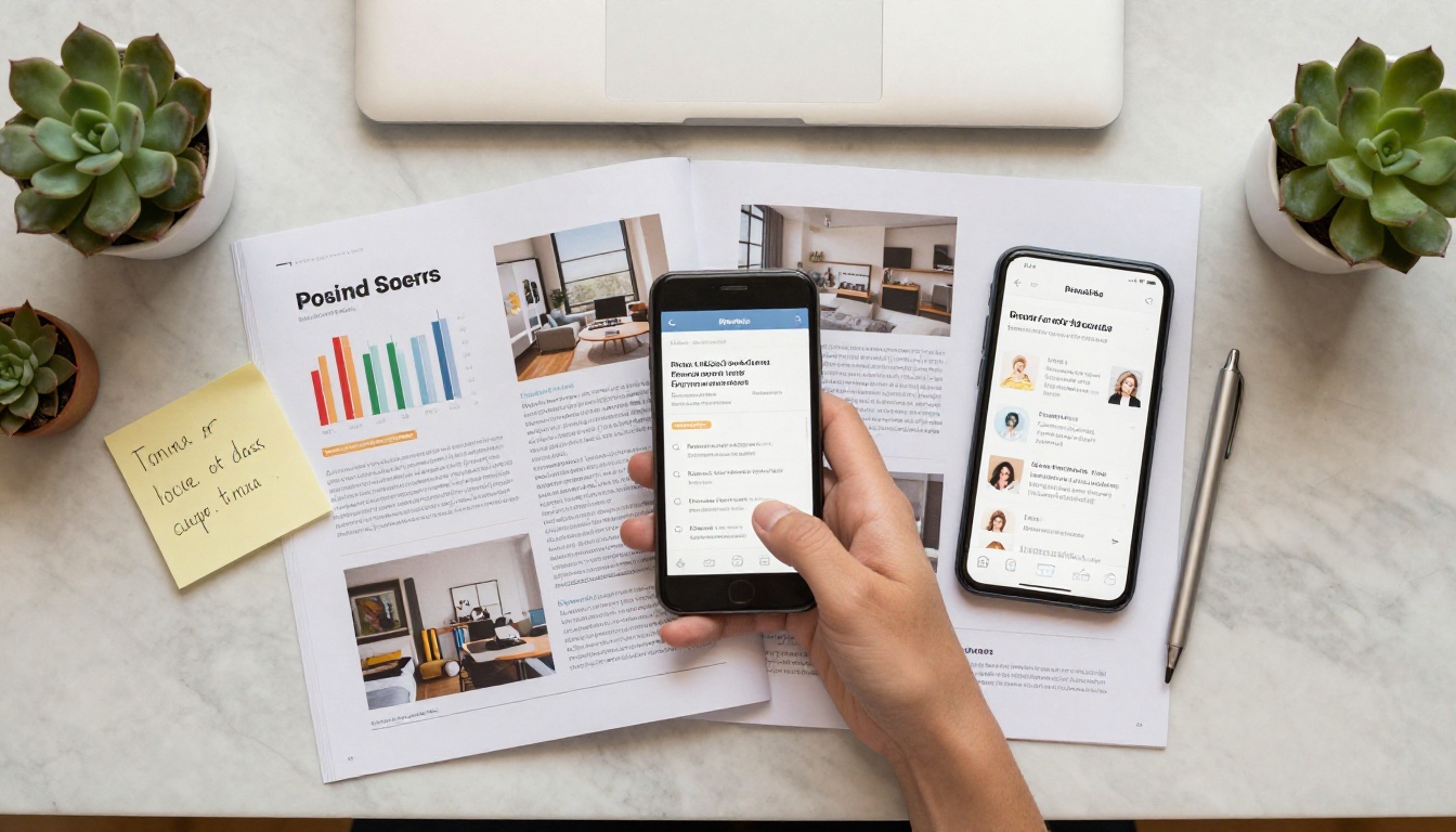 Aerial flat lay of blogger workspace with media kit materials and notes