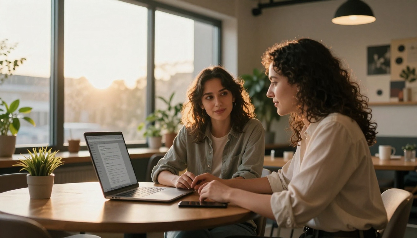 Blogger and brand manager reviewing a digital presentation together
