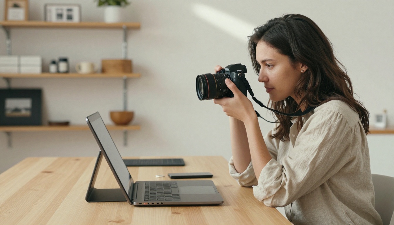 Lifestyle blogger photographing flat lay product arrangement in studio