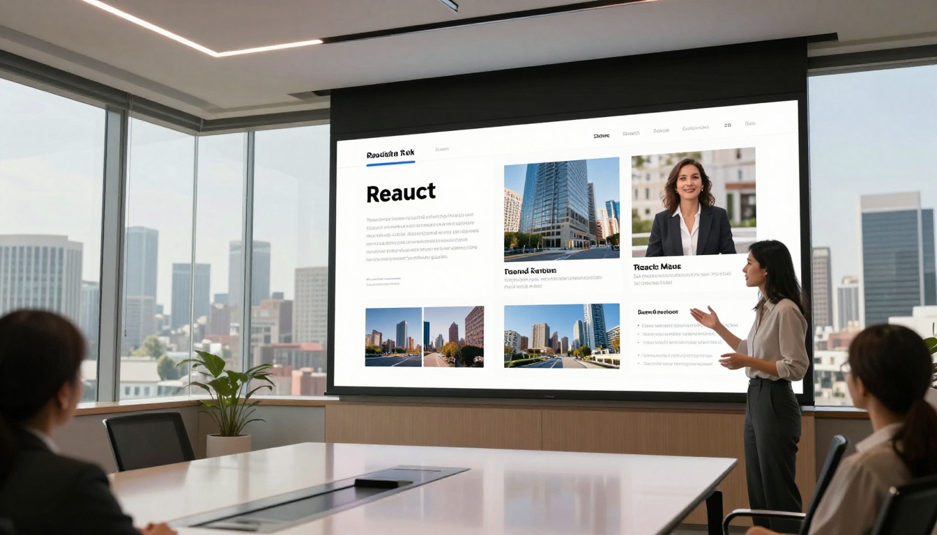 Blogger presenting flipbook media kit on conference room screen