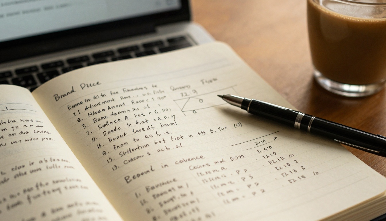 Blogger writing pitch planning notes with engagement rate calculations