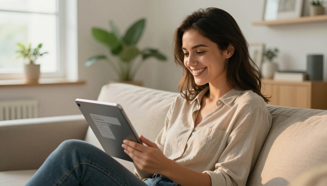 Smiling blogger reading brand partnership confirmation on tablet at home