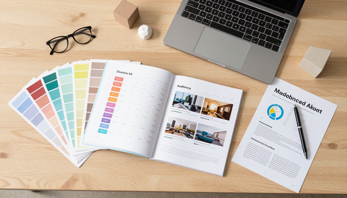 Overhead desk setup for assembling a digital media kit with color swatches