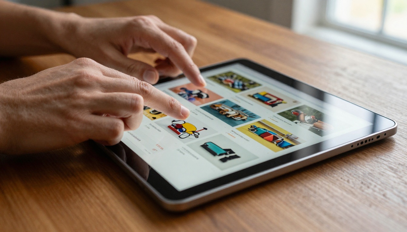 Hands scrolling through a digital product catalog on a tablet