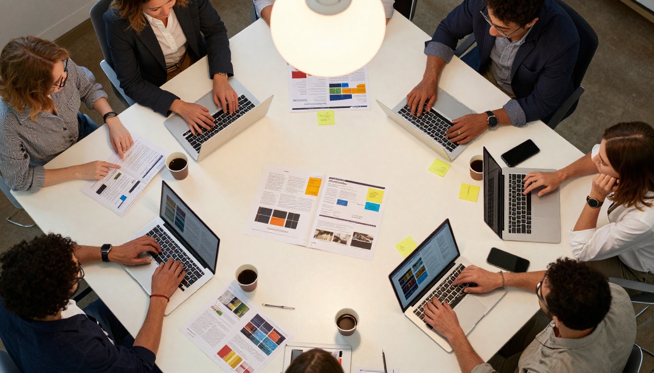 Marketing team collaborating around a conference table with digital materials