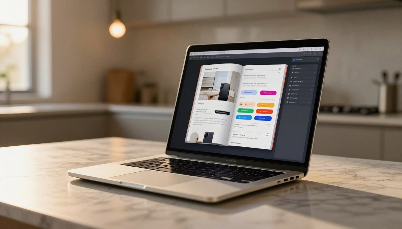 Laptop displaying a flipbook on a kitchen counter with golden afternoon light