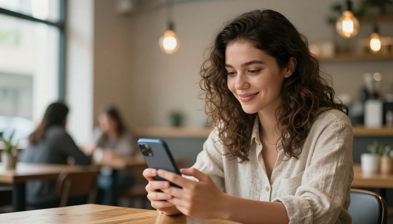 Woman sharing a flipbook via smartphone at a café