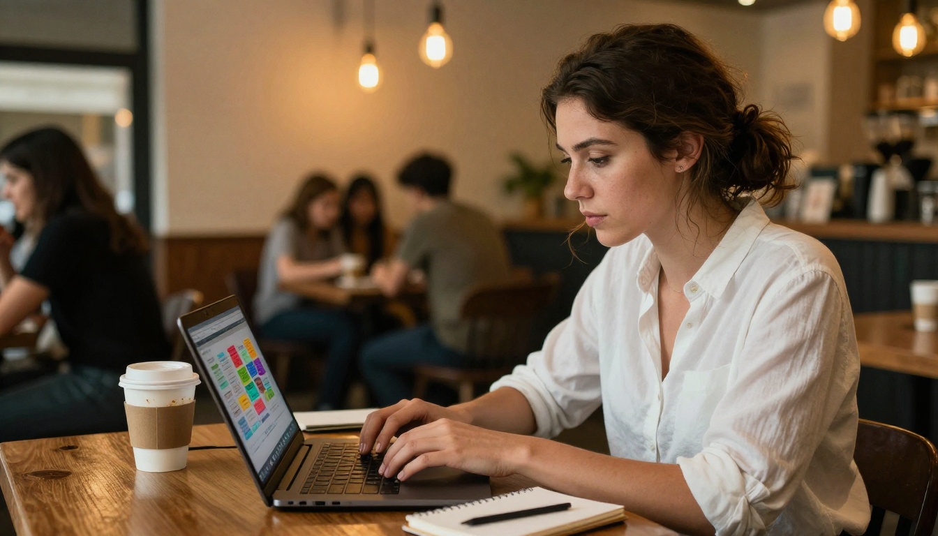 Woman creating digital marketing materials at a coffee shop