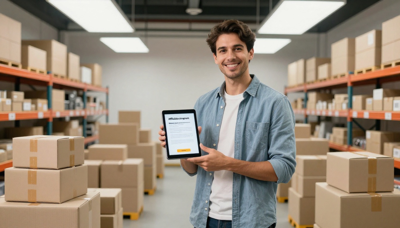 E-commerce business owner holding a tablet in a product studio