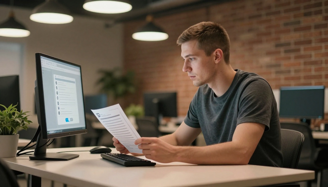 Man uploading a PDF document to a browser in a modern co-working space