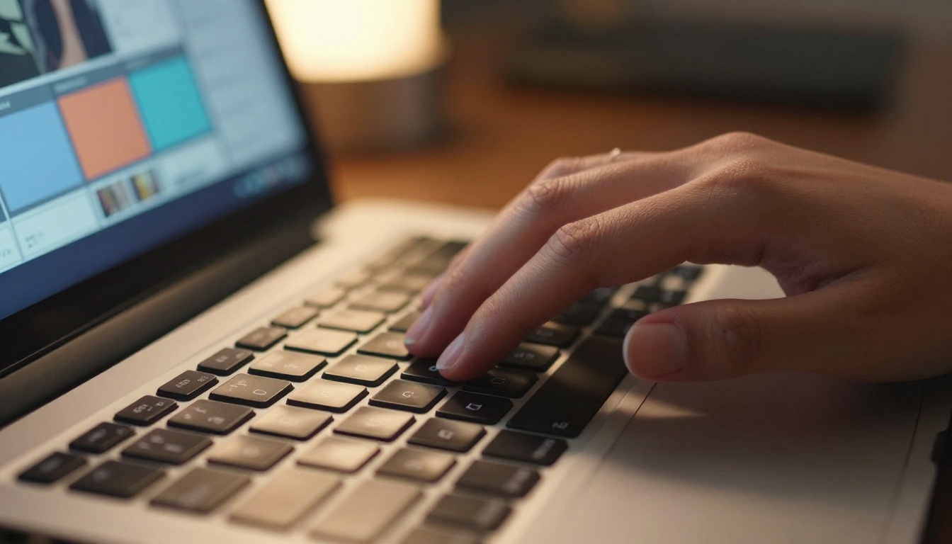Close-up of hands hovering over laptop keyboard with color palette visible on screen