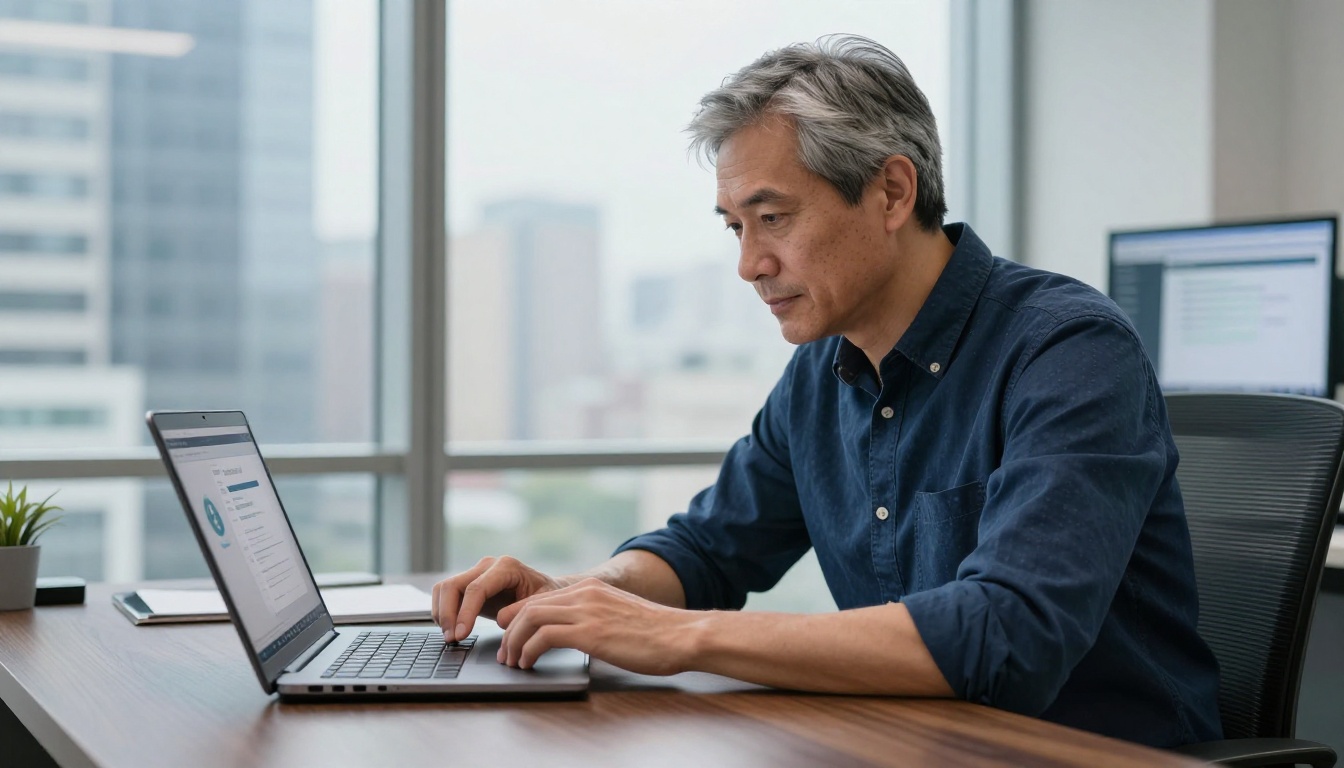 Professional man configuring password settings on a laptop in a glass-walled office