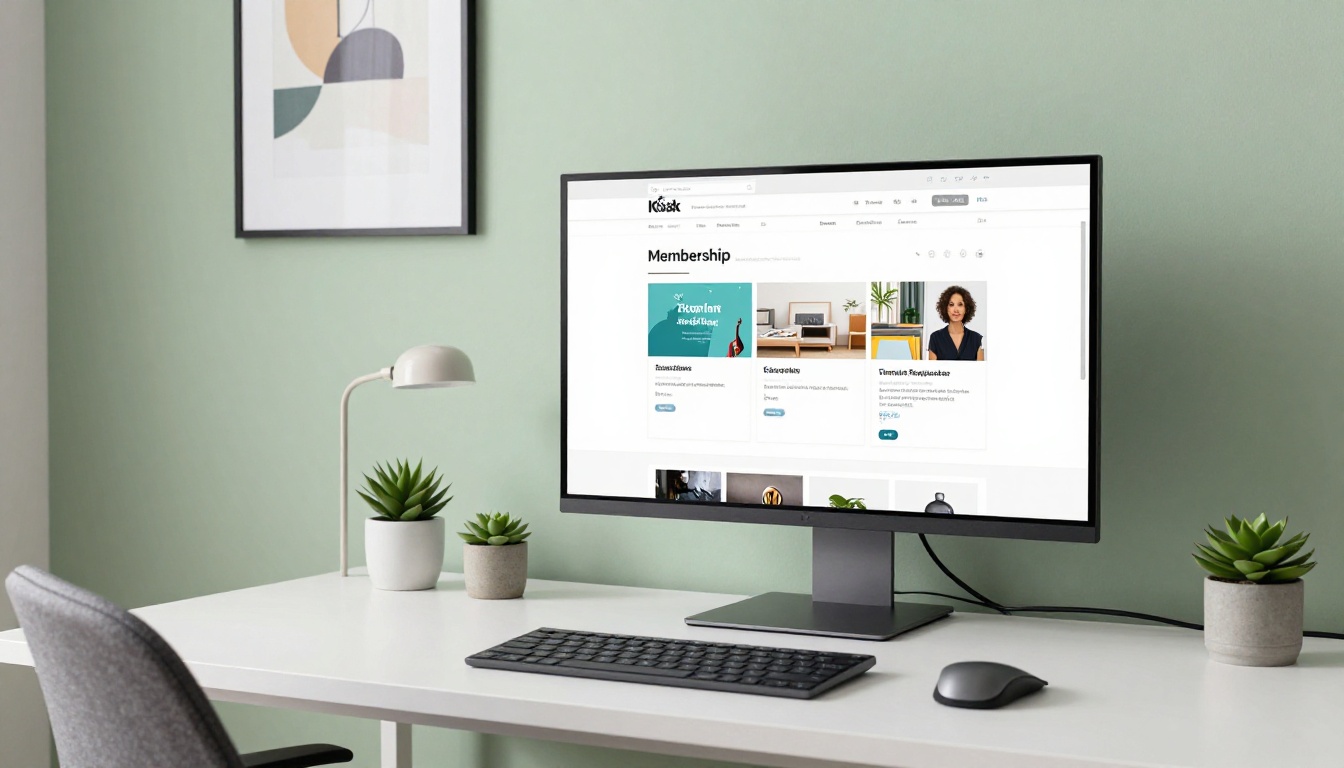 Wide shot of minimalist home office with monitor showing a membership site with embedded flipbook