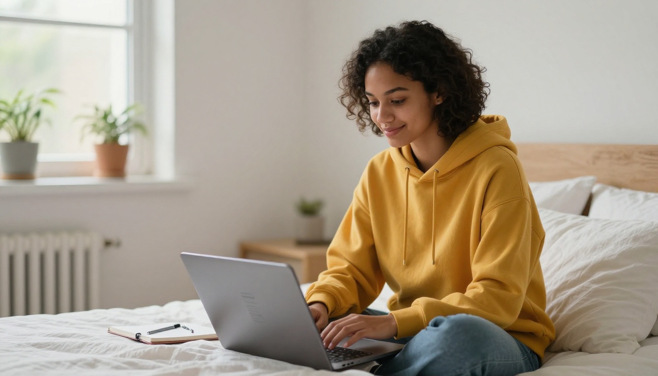 Young woman sitting cross-legged on bed with laptop showing online course material