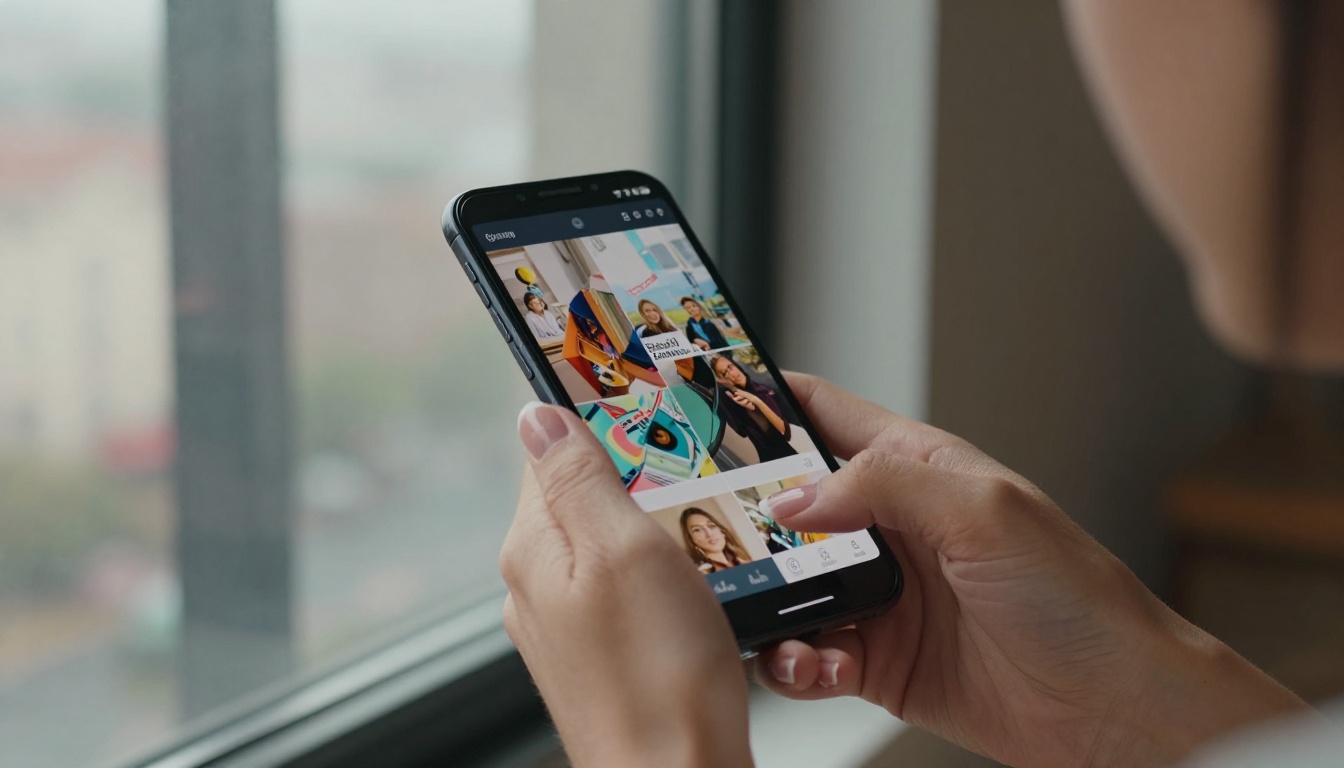 Woman holding a smartphone showing a colorful digital magazine flipbook near a city-view window