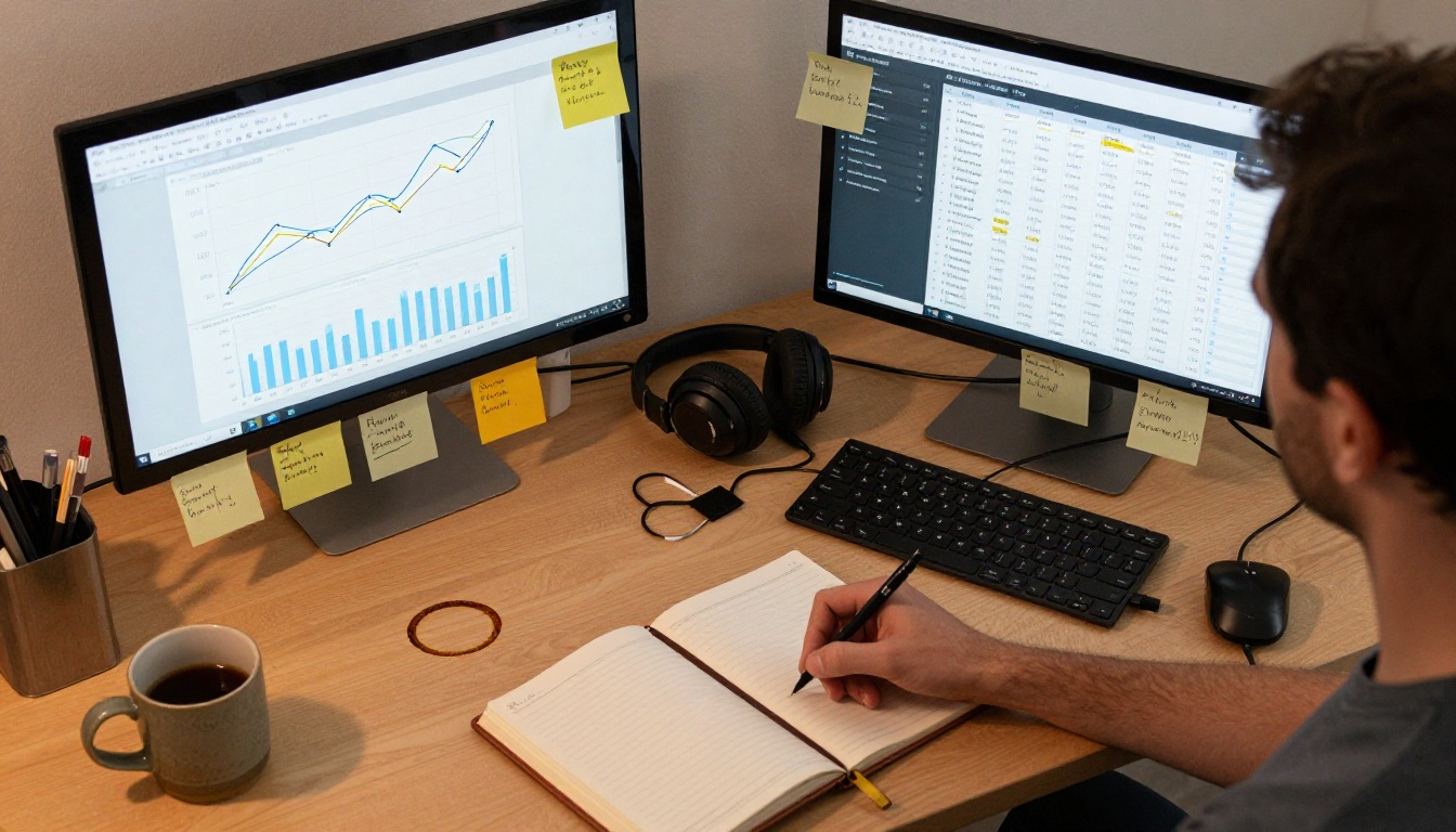 Overhead aerial shot of desk with two monitors showing analytics dashboard and content calendar