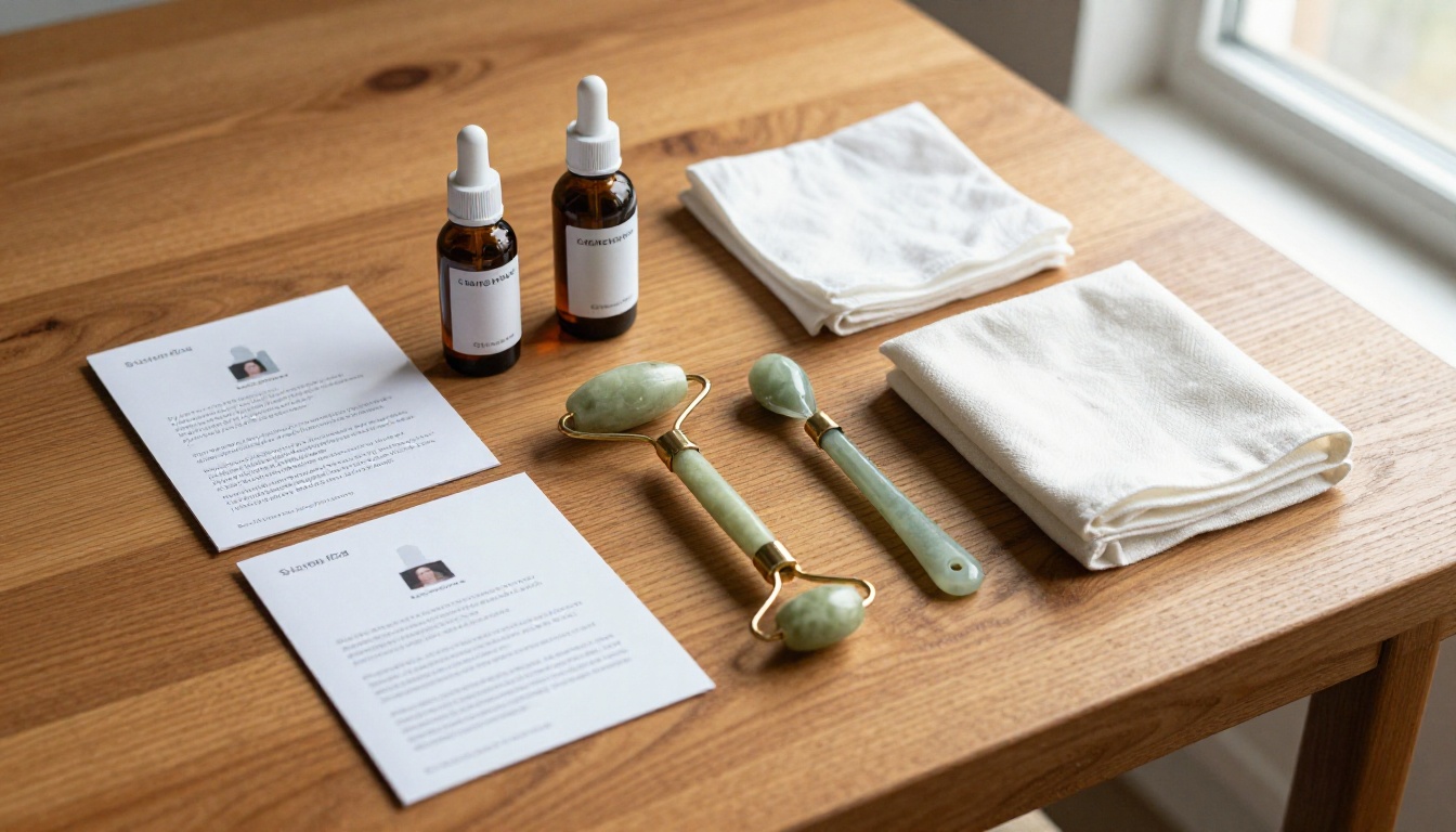 Aerial flat lay of open subscription box with beauty products on oak wood table