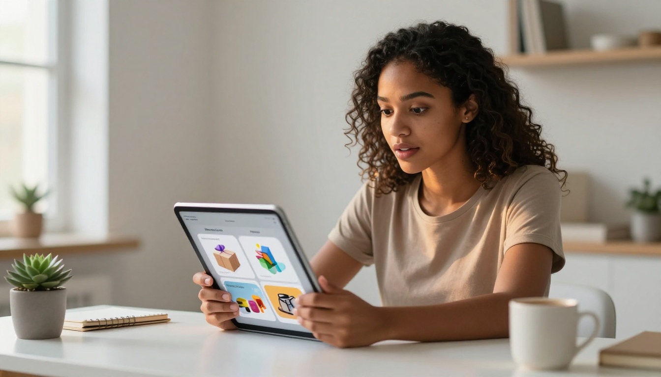 Woman holding tablet displaying digital subscription box flipbook at minimalist desk