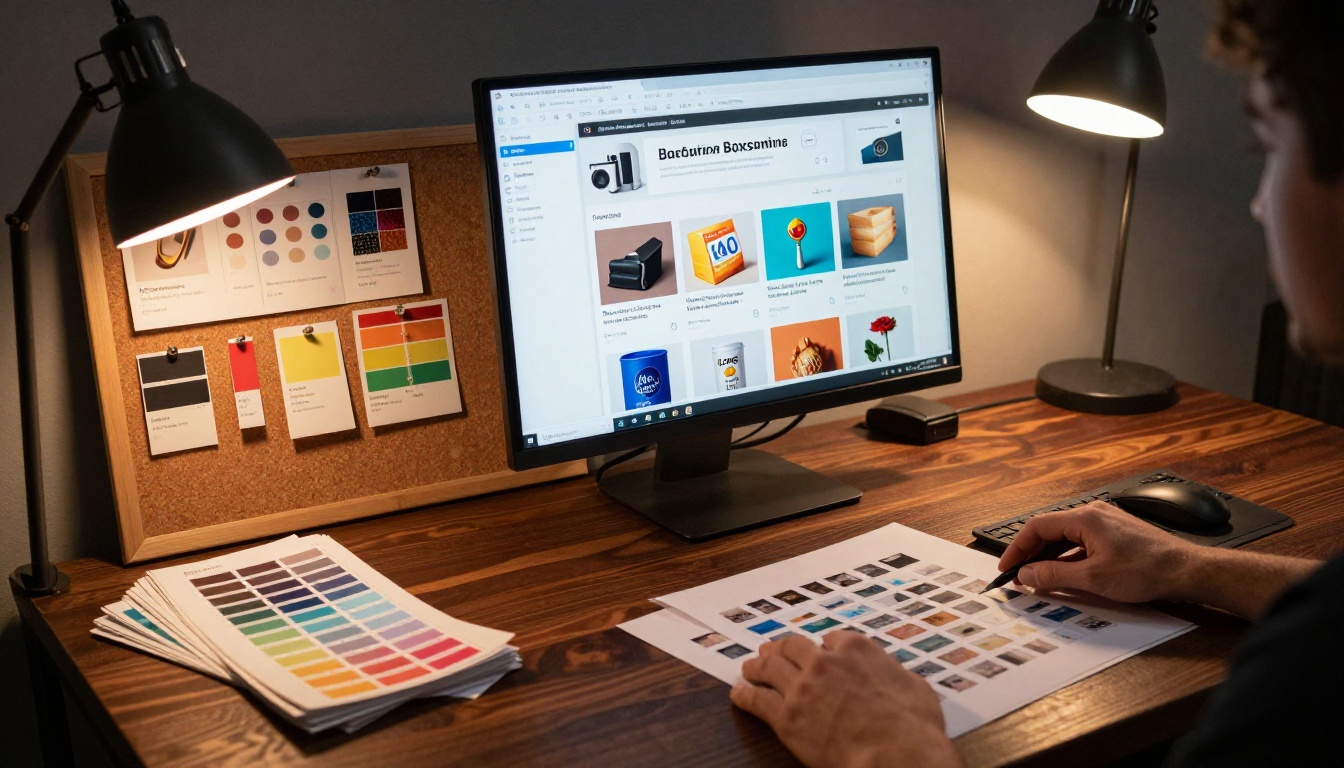 Branding and packaging design workspace with monitor showing catalog mockups