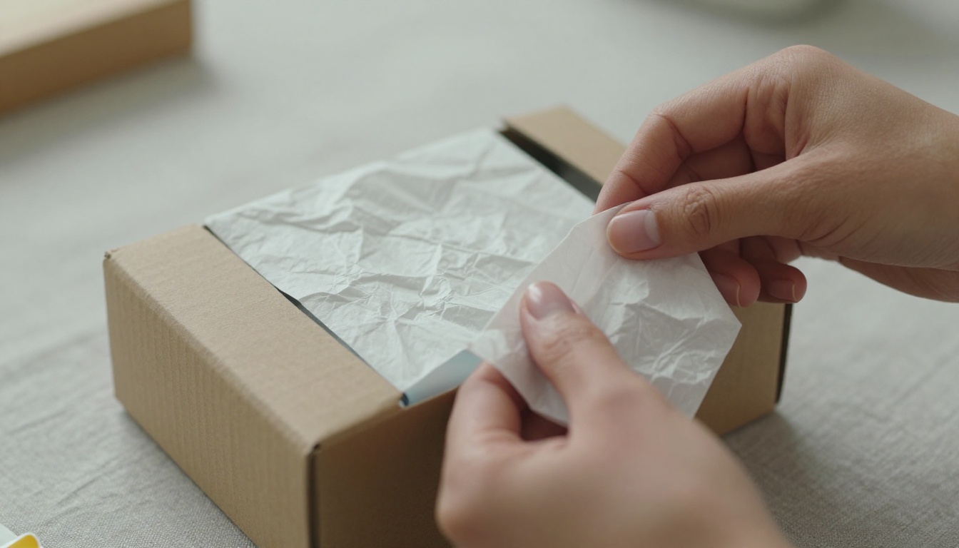 Hands unwrapping premium subscription box, revealing products under tissue paper