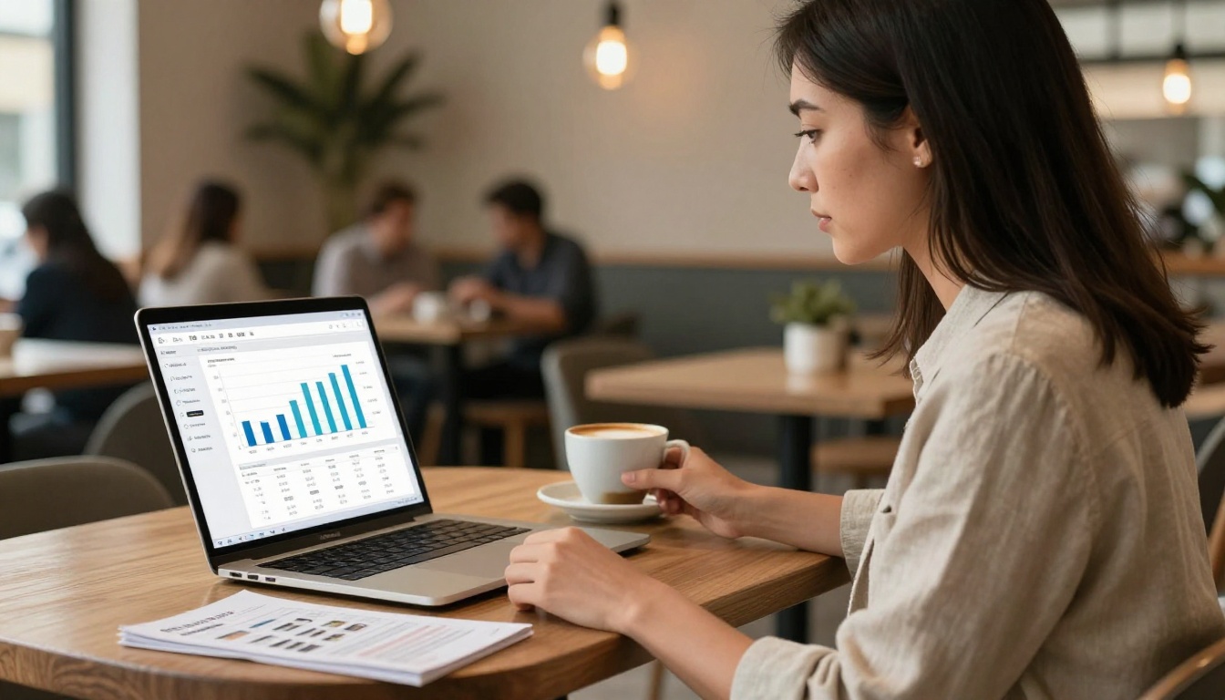 Brand owner at café reviewing subscription box analytics on laptop with printed catalog