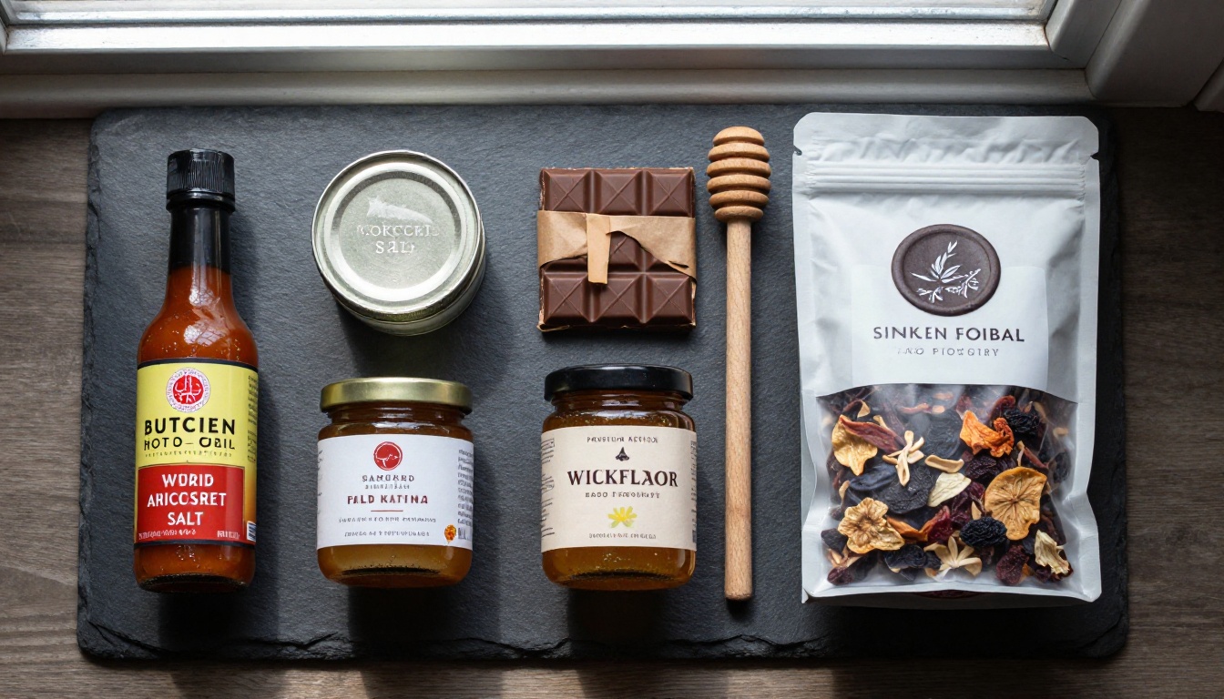 Artisan food subscription box products arranged on dark slate surface, overhead flat lay