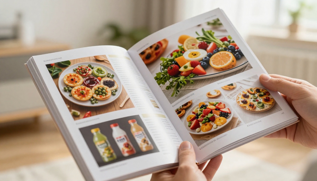Hands holding open printed catalog booklet showing product photography on glossy pages