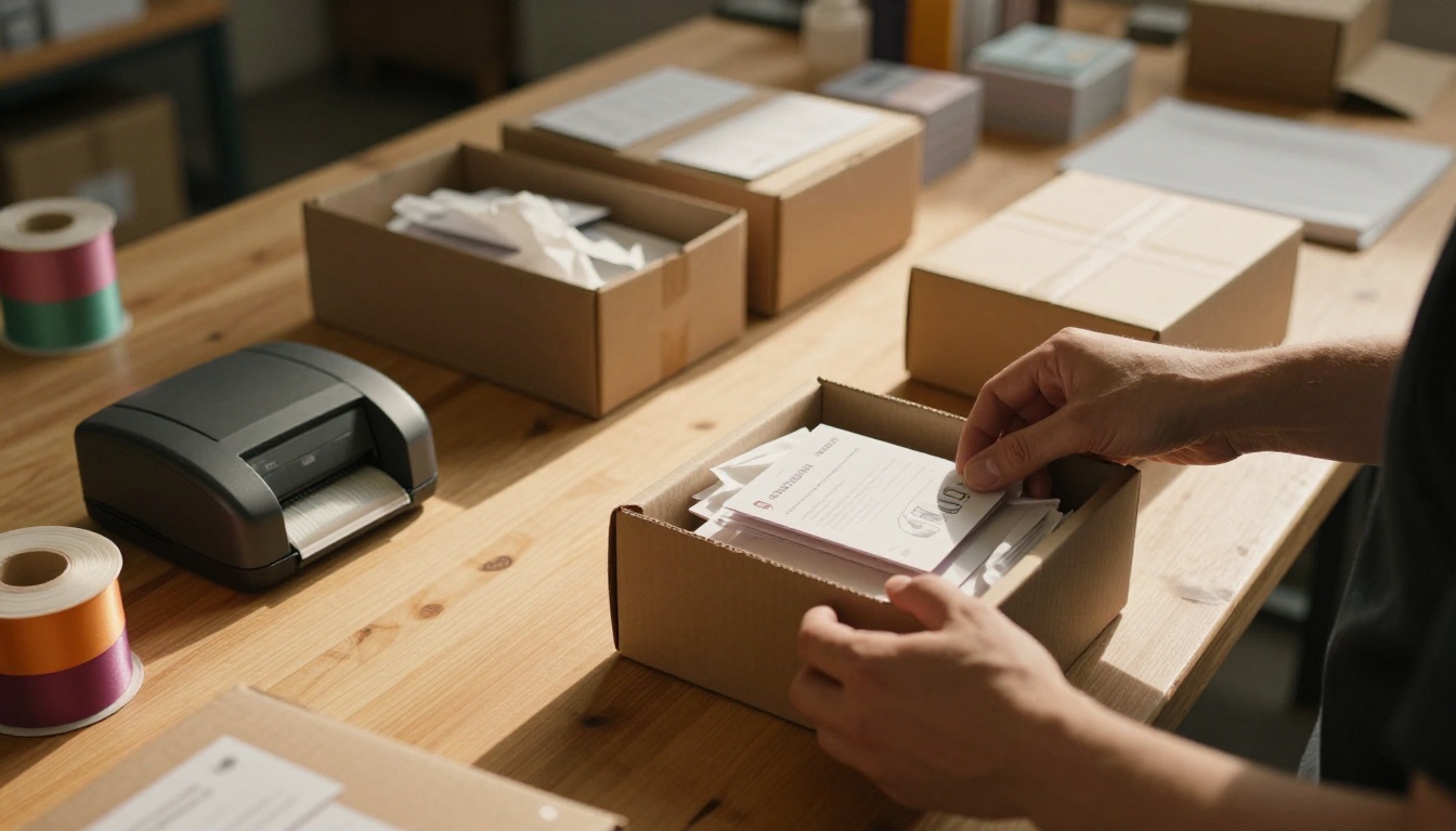 Subscription box fulfillment workspace with open shipping boxes, tissue paper, and product cards