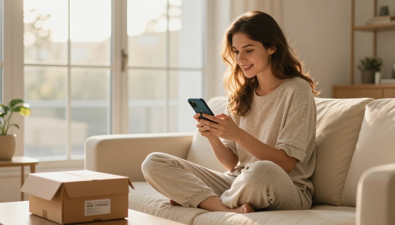 Woman sitting on cream sofa excitedly browsing subscription box digital catalog on smartphone