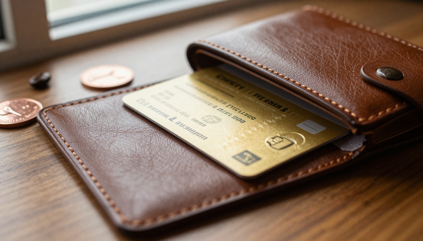 Close-up macro of premium leather loyalty card wallet with gold embossed card on oak desk
