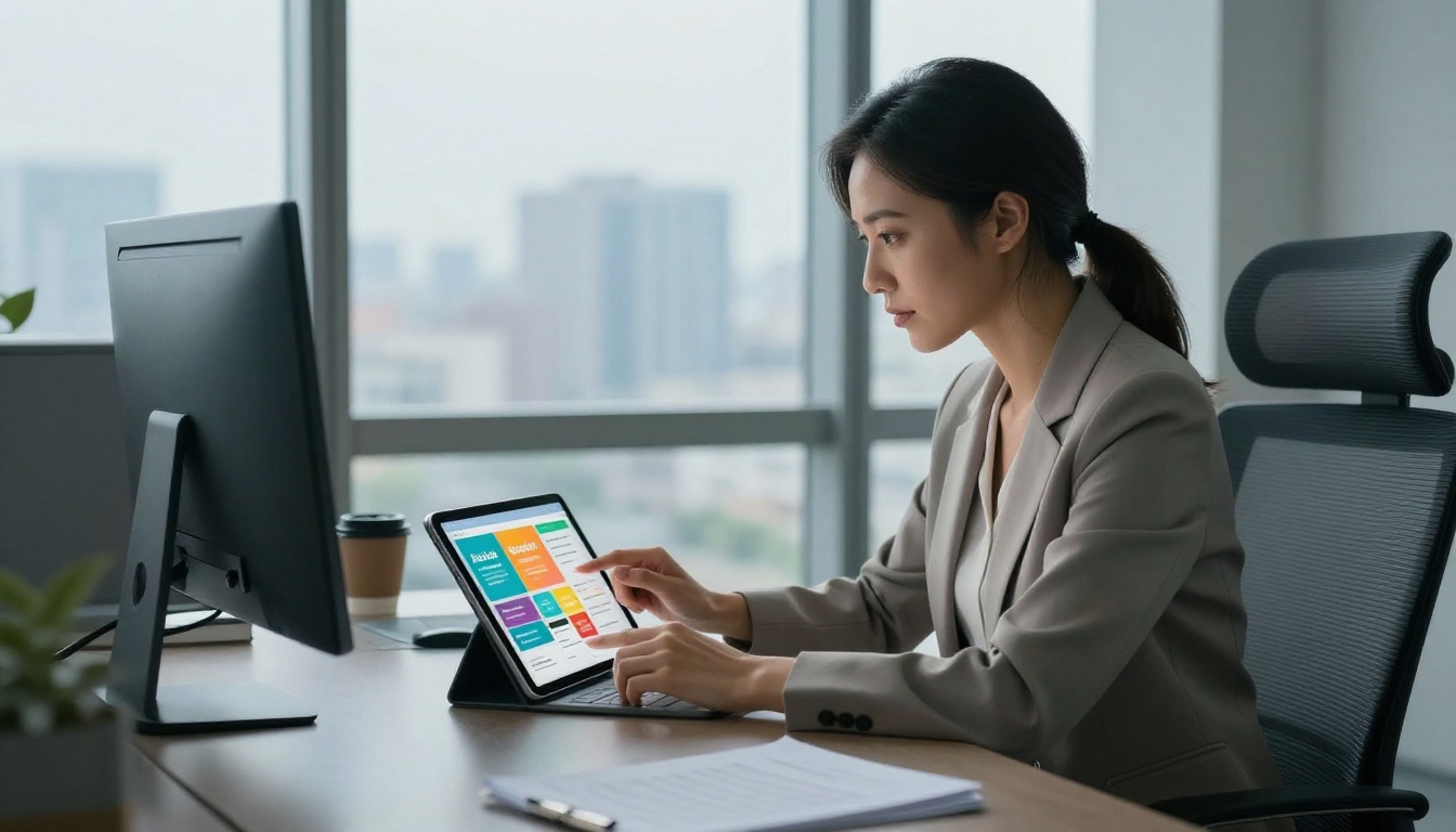 Woman reviewing digital loyalty flipbook on tablet in modern office