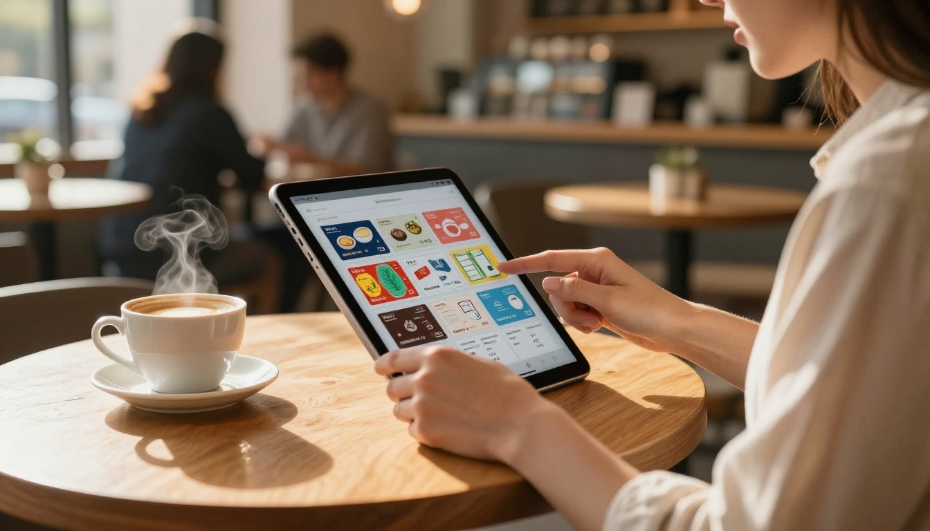 Woman browsing a digital flipbook gift card catalog on a tablet at a modern café