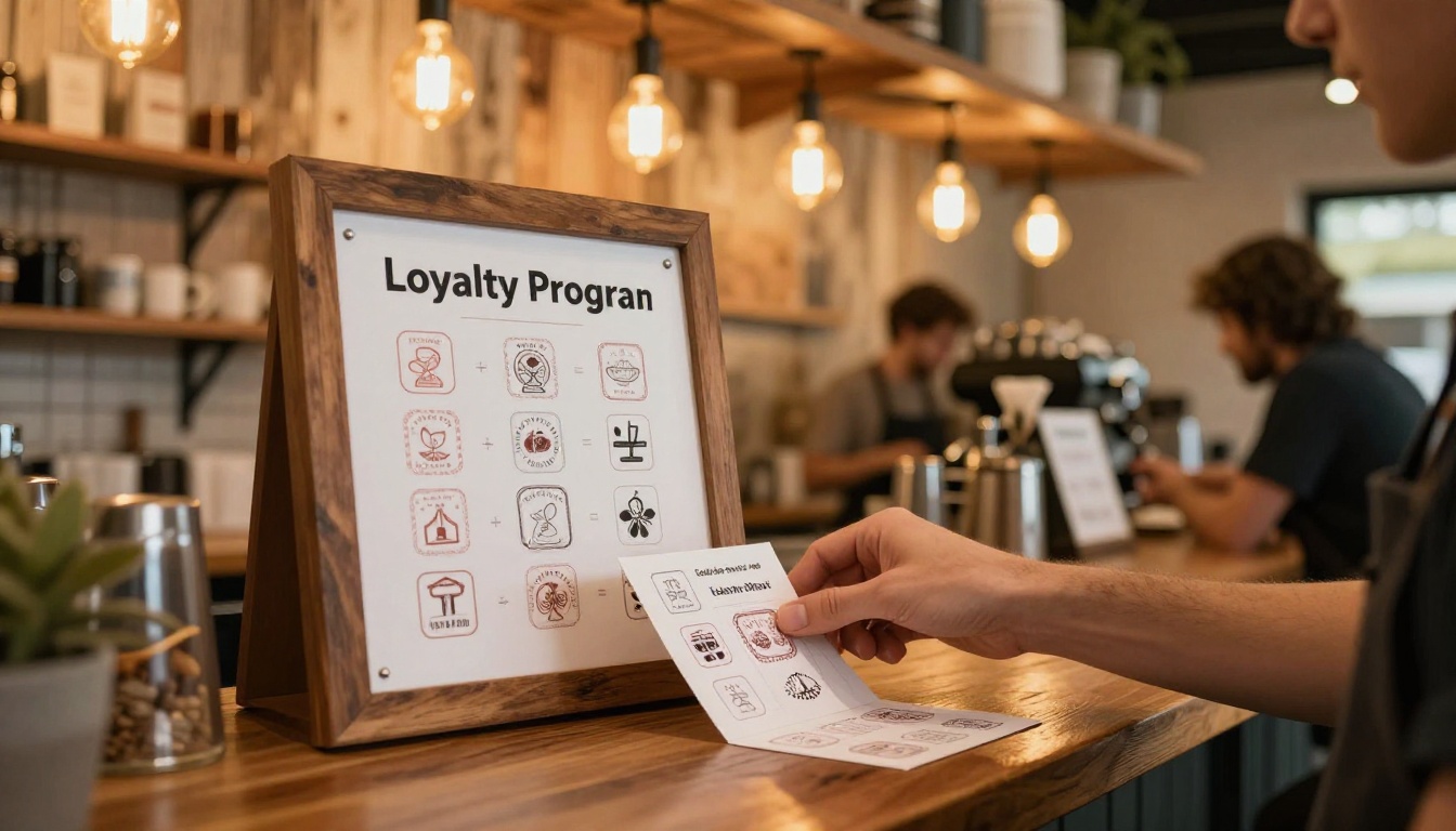 Barista pressing loyalty stamp onto card in warm-lit artisan coffee shop
