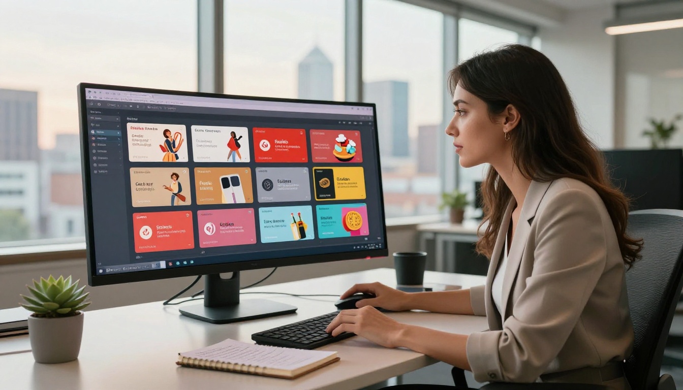 Marketing professional reviewing a digital flipbook gift card catalog on a large monitor in a bright office
