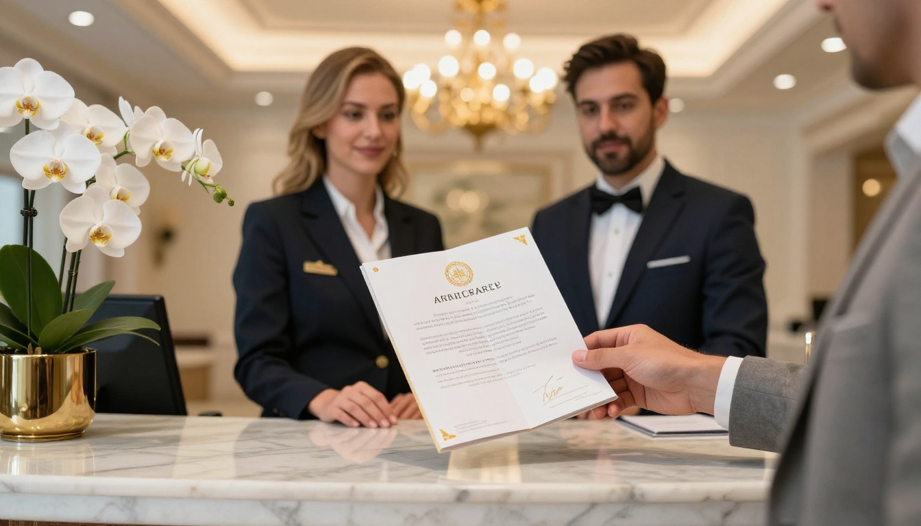 Concierge presenting premium loyalty program flipbook to hotel guest at marble reception desk