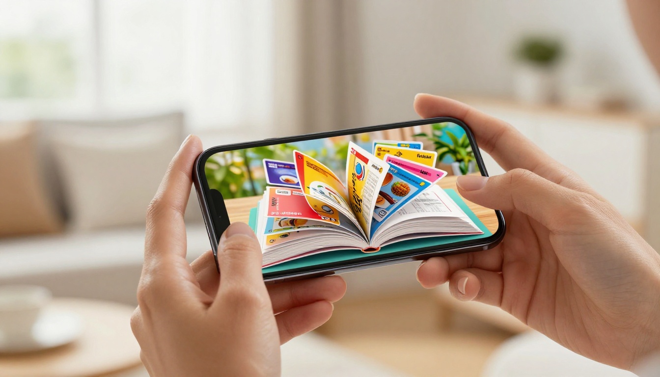 Close-up of elegant hands holding a smartphone showing a digital flipbook page-turn animation with colorful gift card catalog