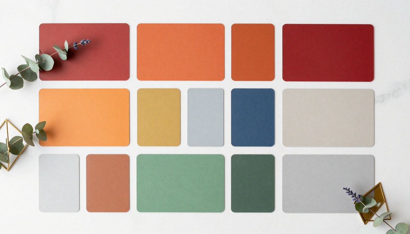 Aerial flat-lay of gift cards arranged in a color-sorted grid pattern on white marble