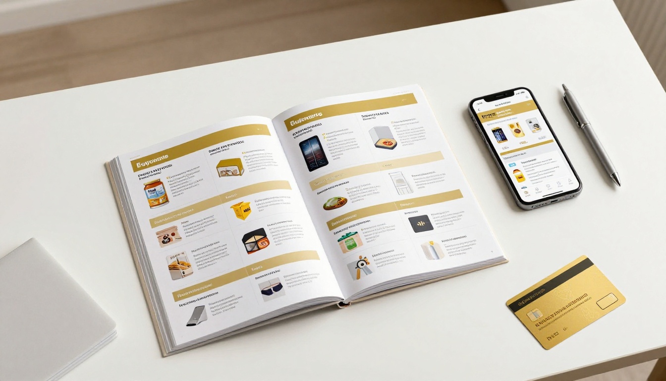 Overhead flat lay of a rewards catalog with smartphone and gold loyalty card