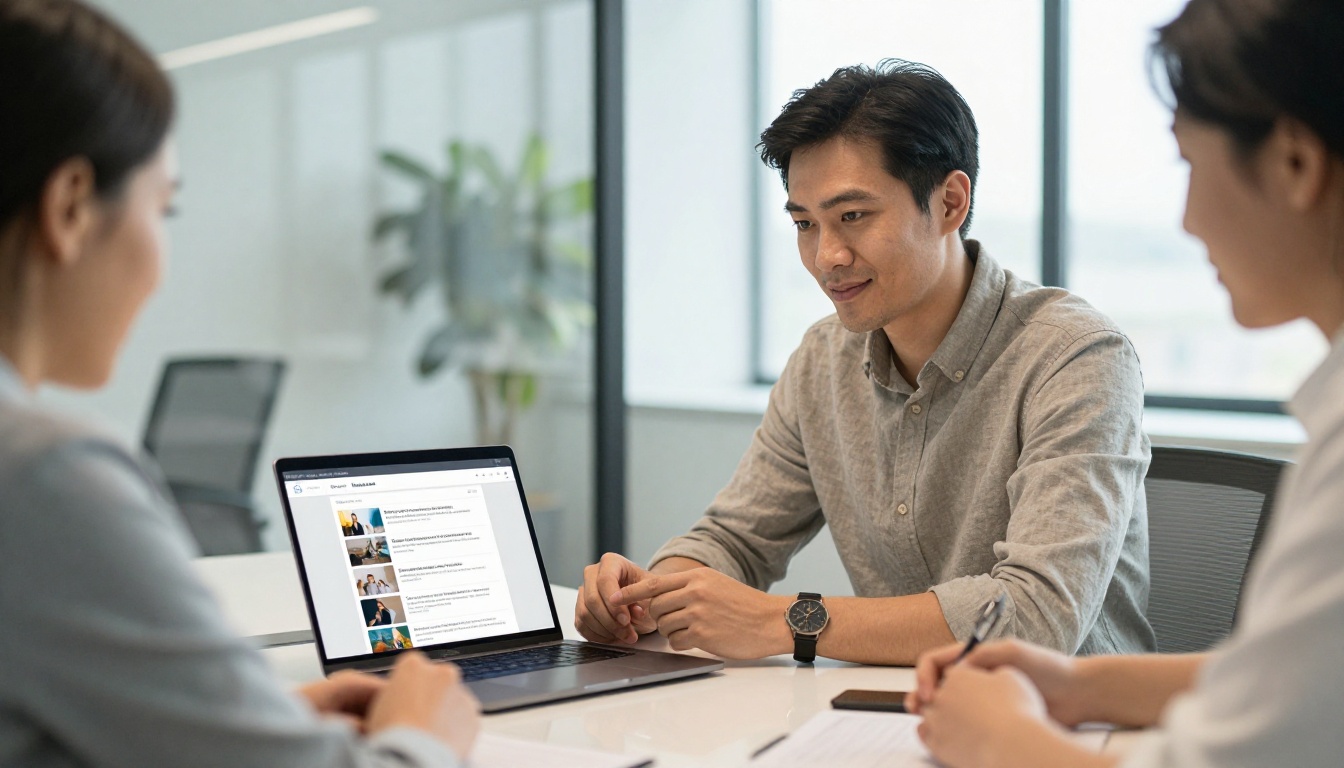 Business professional sharing a digital flipbook catalog link to a colleague in a modern glass meeting room