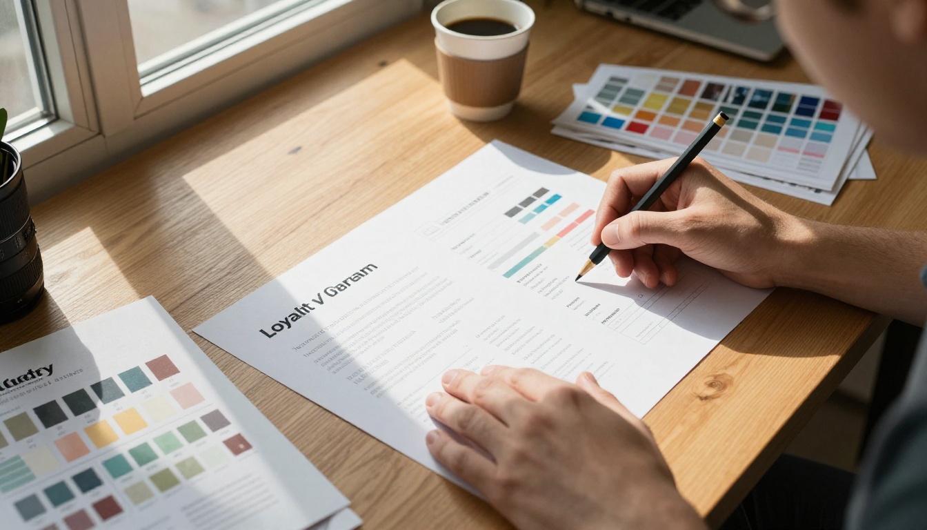 Graphic designer's hands arranging loyalty program brochure layout elements on desk