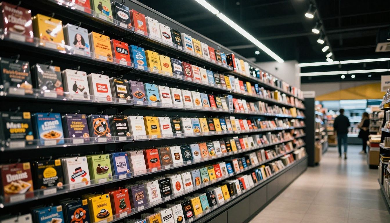 Modern retail store gift card wall display photographed from a low-angle perspective