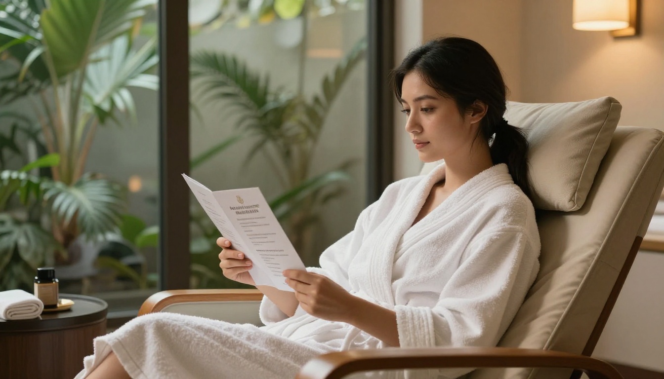 Woman in spa robe reading a loyalty rewards booklet in a luxury spa lounge